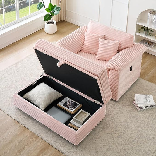 Oversized Chaise Lounge Chair with Storage Ottoman &amp USB Ports Fluffy Corduroy Cloud Couch Sleeper Sofa Bed with Arm Rest Comfy Overstuffed Sofa Chair Set for Living Room Bedroom (Pink)