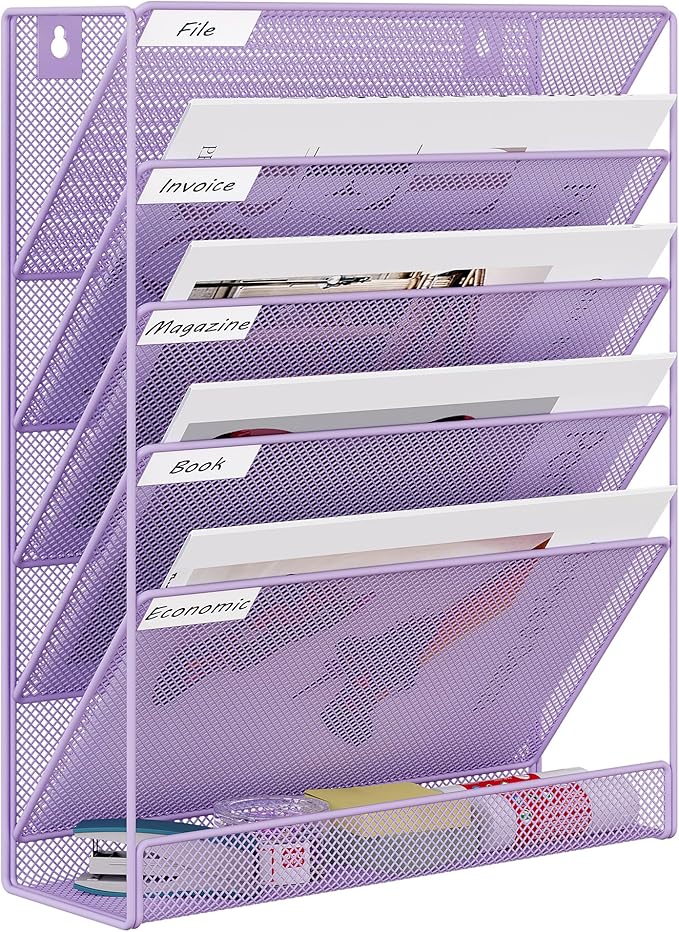 EasyPAG 5 Tier Wall File Holder Mesh Hanging Folder Organizer with Classify Label Versatile Desk File Holder Vertical Wall Mounted Mail Organizer for Office Home Cubicle Purple