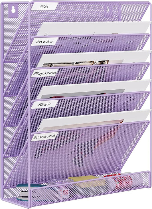 EasyPAG 5 Tier Wall File Holder Mesh Hanging Folder Organizer with Classify Label Versatile Desk File Holder Vertical Wall Mounted Mail Organizer for Office Home Cubicle Purple