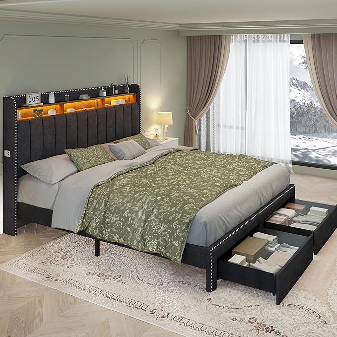 Torana Full LED Bed Frame with 2 Drawers Linen Upholstered Storage Wingback Headboard Beds Channel Tufted Platform Bedframe with Rivet Decor No Box Spring Needed Dark Grey
