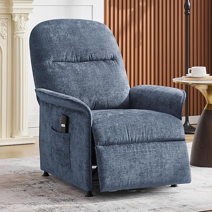 Power Recliner Chair with Remote Control 21 Wide Seat Small Recliners with Side Pocket for Adults Thick Cushions Chair for Living Room &amp Bedroom Blue
