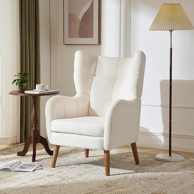 Mid-Century Accent Chair Ivory White Modern Retro Club Chair Birch Frame Upholstered Teddy Wool Fabric Single Sofa Armchair for Small Spaces Living Room Bedroom Reading Corner BalconyOffice