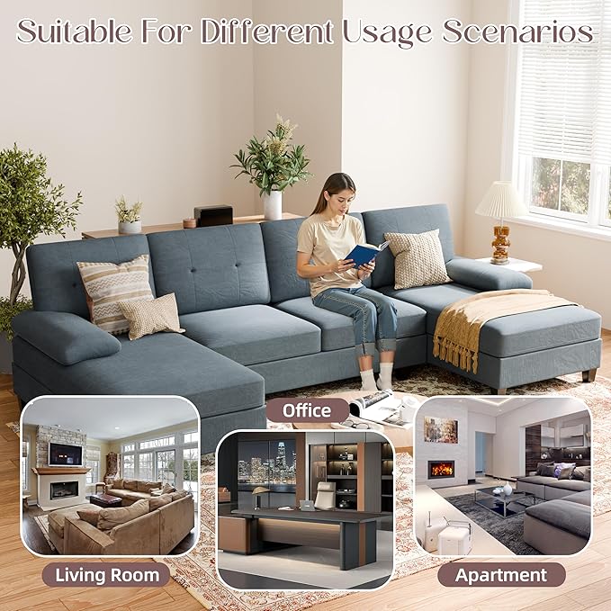 Shintenchi 106'' U-Shaped Sectional Couches for Living Room 4 Seat Modular Sectional Sofa with Double Chaise Couch for ApartmentBlack/Blue