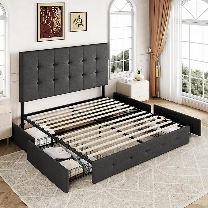 Allewie Upholstered Queen Size Platform Bed Frame with 4 Storage Drawers and Headboard Square Stitched Button Tufted Mattress Foundation with Wooden Slats Support No Box Spring Needed Dark Grey