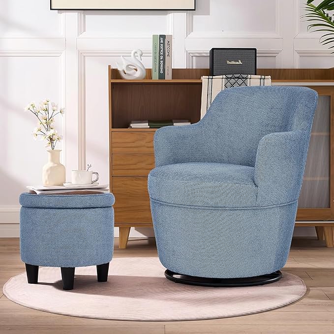 LOULENS Swivel Accent Chair and Ottoman Set Linen Fabric Upholstered Modern Barrel Chair with Ottoman Comfy Single Sofa Armchair with Footrest for Living Room Bedroom Reading Blue