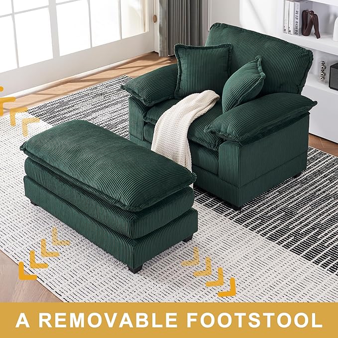 46.9 W Oversized Chair with Ottoman Corduroy Upholstered Chaise Lounge Chair Indoor Reading Chairs Sofa Couche Oversized Comfy Chairs for Living Room Bedroom (Corduroy Green)
