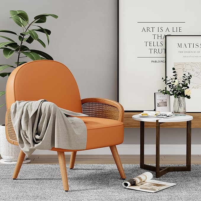Accent Chairs Rattan Comfy Upholstered Modern Arm Chair for Living Room Chair Reading Bedroom Balcony Faux Leather Chair
