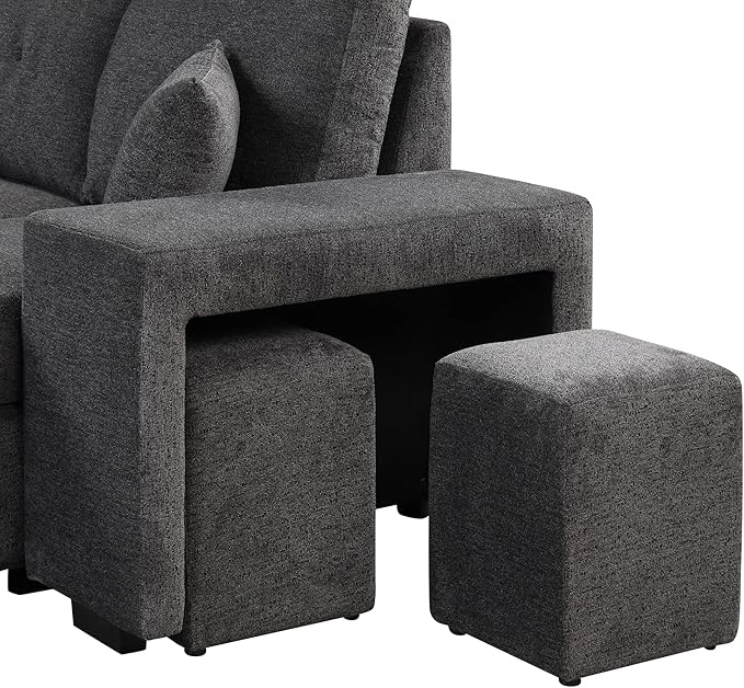 Reversible Sleeper Sectional Sofa with Side Shelf and 2 Stools Pull-Out L-Shaped Sofa Bed with Storage Chaise Left/Right Hande Corner Sofa-Bed for Living Room (Black+Blue + Velvet + Foam-01)