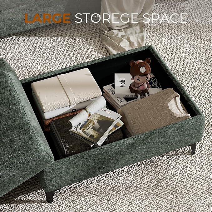35 Large Storage Ottoman for Living Room 7.8 Deep Seat Rectangular Ottoman Foot Rest for Couch Chenille Storage Footstool Load 350 lb （Green）