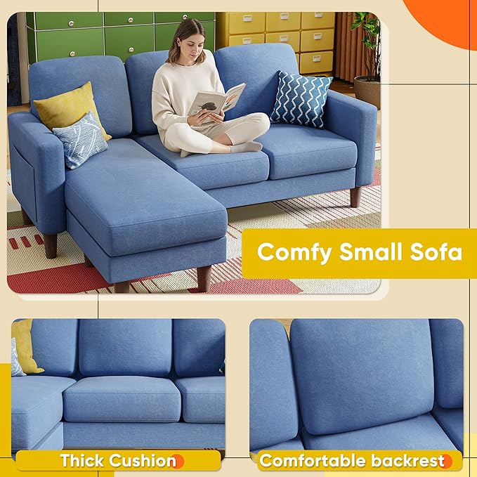 YESHOMY Couches for Living Room Sofa with Movable Ottoman Small Couch with Reversible Chaise and Side Pockets L Shaped Couch for Small Space Apartment (Linen Fabric Blue)
