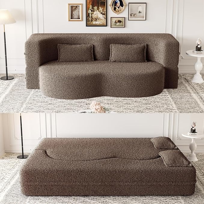 Modern 2-in-1 Convertible Sleeper Sofa Bed Compressed Foam Sofa Curved Loveseat Sofa Bubble Couch Comfy Teddy Sofa Multi-Functional Cloud Couch with Pillows for Living Room Bedroom (Burgundy)