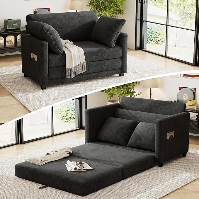 51 Loveseat Sleeper Sofa Bed Chenille Convertible Floor Sofa Bed for Small Spaces Folding Couch Bed with Deep Seat 2 Pillows &amp Solid Frame Pull Out Floor Couch for Living Room Black