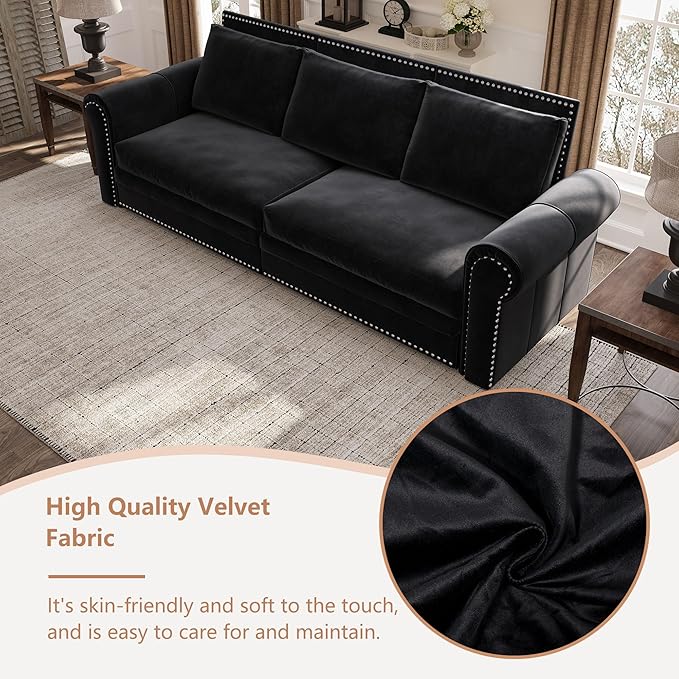 93.7 King Pull Out Sofa Bed 3 in 1 Convertible Sleeper Sofa 3 Seat Couch with Nailhead Trim &amp Rolled Arm for Living Room Apartment Office Black Velvet