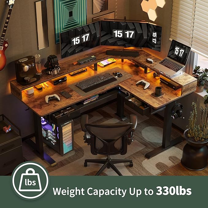 FEZIBO L Shaped Standing Desk with LED Strip &amp 2 Drawers Triple Motors Supports 330 lbs Upper and Lower Storage Shelves Available Electric Height Adjustable for Home Office Rustic Brown