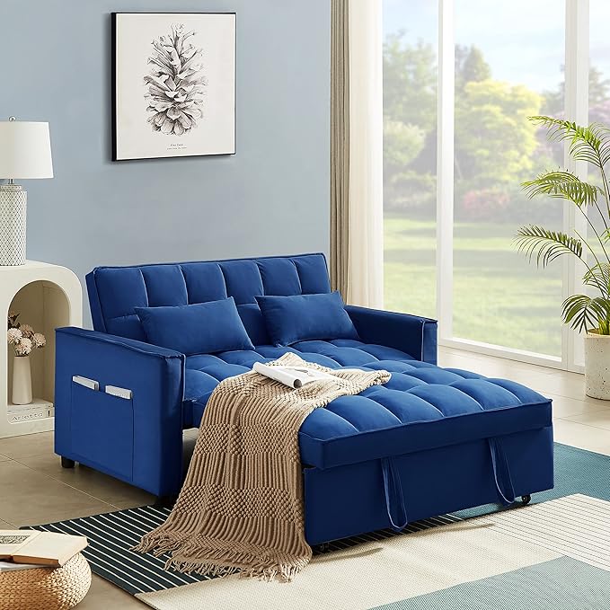 Convertible Sleeper Sofa Bed Modern Chenille 3-in-1 Futon Couch Pullout Bed with Adjustable Backrest Storage Pockets and Toss Pillows Sofa Bed Couch for Living Room Bedroom Blue
