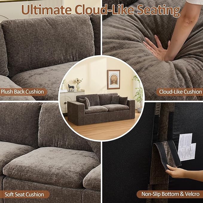 88''Cloud Boneless Modular Sectional Sofa Deep Seat Sectional Couch Upholstered Convertible Comfy Memory Foam Sofa Loveseat Chenille Memory Foam Couches for Living Room Brown