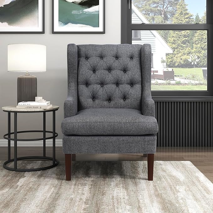 Lexicon Living Room Accent Chair Textured Fabric Upholstered Reading Chair Button-Tufted High Wingback for Living Room/Bedroom/Office Charcoal