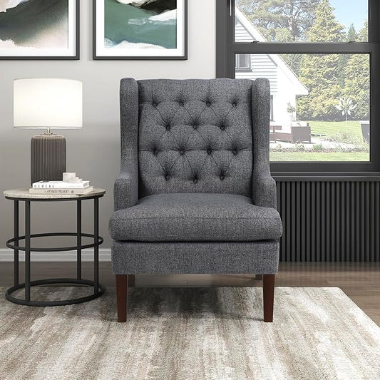 Lexicon Living Room Accent Chair Textured Fabric Upholstered Reading Chair Button-Tufted High Wingback for Living Room/Bedroom/Office Charcoal