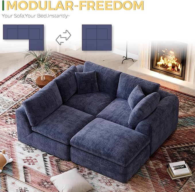 SITJOY 110 Boneless Sectional Couch Modular Cloud Couch with Washable Covers Soft Deep Seat Comfy Sofa with Chaise 3 Seater L Shaped Sofa with Ottoman‌ Chenille in Navy Blue