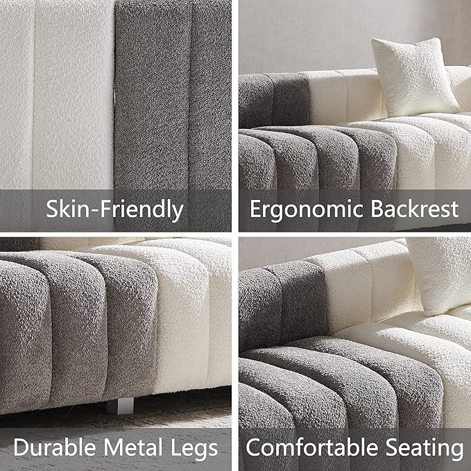 87.4 Modern 3 Seater Sofa Couch for Living Room Mid Century Fluffy Couches with Solid Wood Frame and 6 Legs for Bedroom Apartment Weight Capacity 750 LBS… (Gray &amp White)