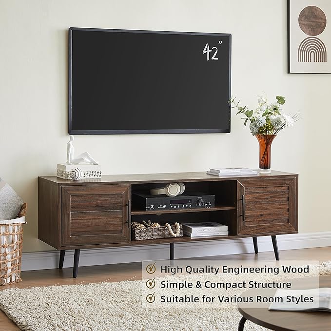 EDYO LIVING Mid Century Modern TV Stand for 65 TV Wood TV Stand with Storage Cabinet and Open Shelf Entertainment Center TV Console Table for Living Room Dark Walnut