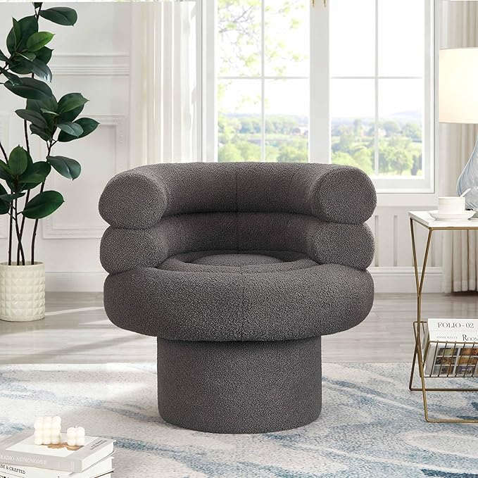360° Swivel Barrel Accent Chair - Cozy Sherpa Fabric Upholstery Ergonomic Wrap-Around Design Sturdy Base Modern Style for Living Room Bedroom or Office (Grey)