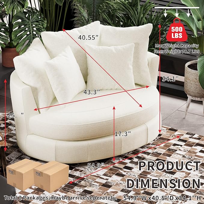54.9''W Oversized Accent Barrel Chair Chenille Upholstered Comfy Couch Sofa with 5 Pillows for Living Room Apartment Bedroom (Beige Yellow).