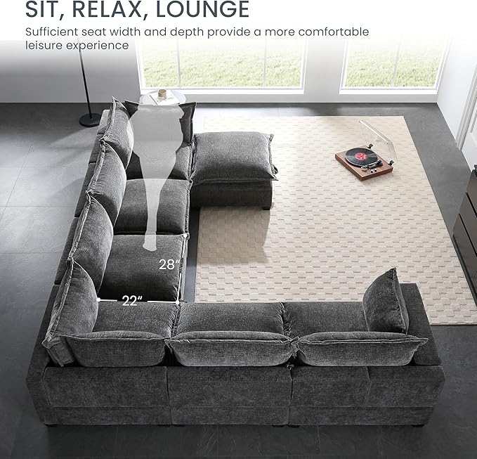 Merax Modern Oversized U-Shaped Sectional Sofa with Piollows &amp Chaise Lounge Chenille 7-Seat Couch Set Sleeper Bed with Storage Ottoman for Living Room Gray