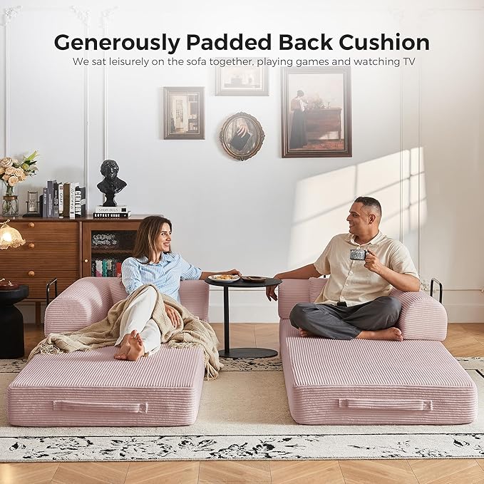 5-in-1 Convertible Lounger Sofa Bed | 79 High-Support Foam Modular Design No Tools Needed | Corduroy Fabric Converts to Bed Perfect for Bedroom &amp Reading Nook (Pink)