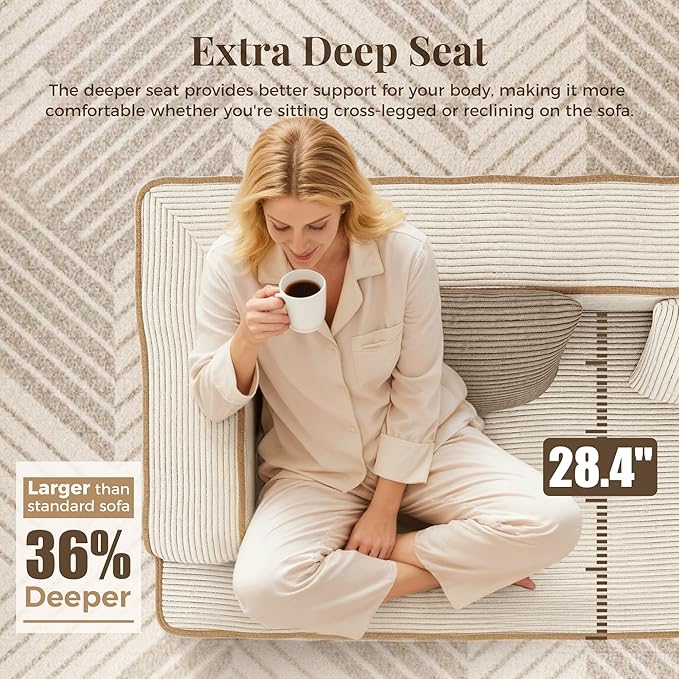 104 Cloud Boneless Sectional Couch Upholstered Corduroy Couch with Deep Seat No Assembly Required Compressed Sofa for Living Room Apartment Beige