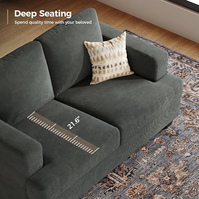 63 Inch Sofa with Extra Deep Seats Oversize Corduroy Fabric 2 Seater Sofa for Living RoomModern Couch and Loveseat Comfy Armrests and Seats and Backrests Easy Installation Dark Gray