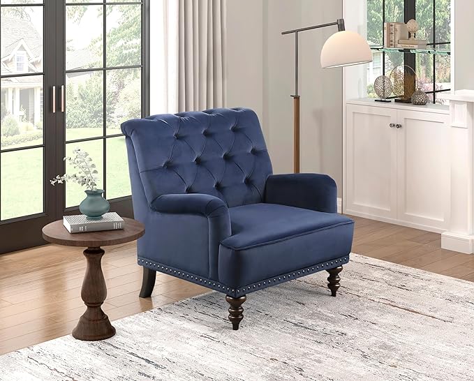 Luxurious Living Room Chair 1pc Blue Upholstered Button Tufted Nailhead Trim Modern Living Room Furniture