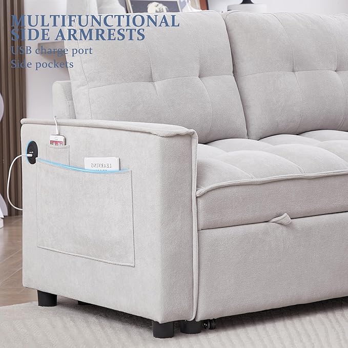 Reversible Sectional Sleeper - Pull Out Sofa Bed Couch with USB and Tape-c Charging Ports L-Shape Sleeper Sectional Sofa Couch for Living Room Office and Small Apartment (Light Grey)
