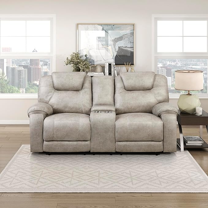 Lexicon Manual Double Reclining Loveseat Polished Microfiber Manual Wall Hugger Loveseat Recliner for Living Room Center Storage Console/Cup Holders/Pillow Top Arm Easy Assembly Pewter