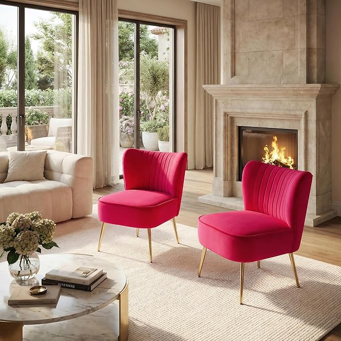DUOMAY Modern Accent Chair Set of 2 Velvet Slipper Chair with Gold Legs Wingback Side Chair for Living Room Bedroom Entryway Small Corner Chair for Space Saving Rose Red