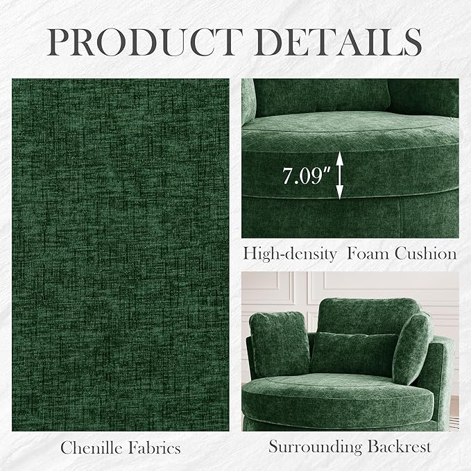 Aoiy &amp Wifon 50.2'' W Oversized Swivel Barrel Chair Green Swivel Accent Chair for Living Room Round Oversized Arm Chair with 4 Pillows Deep Seat &amp Extra Wide Chenille