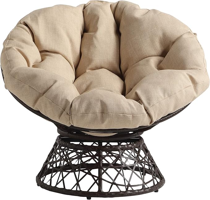 OSP Home Furnishings Wicker Papasan Chair with 360-Degree Swivel Brown Frame with Cream Cushion