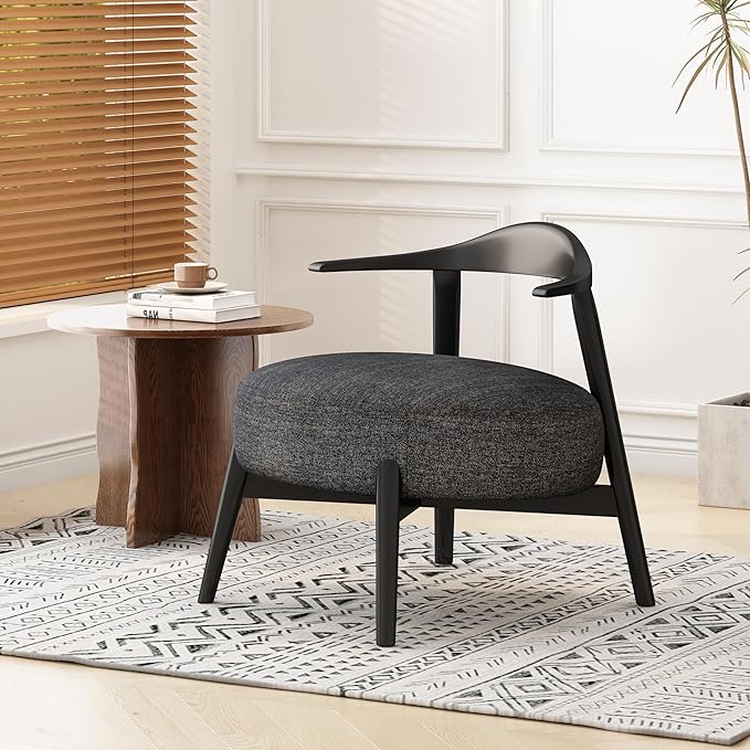 Merax Low-Back Accent Chair Mid Century Modern Upholstered Chair with Curved Backrest for Living Room Bedroom Boucle Fabric Birch Wood Supports 300lbs Black