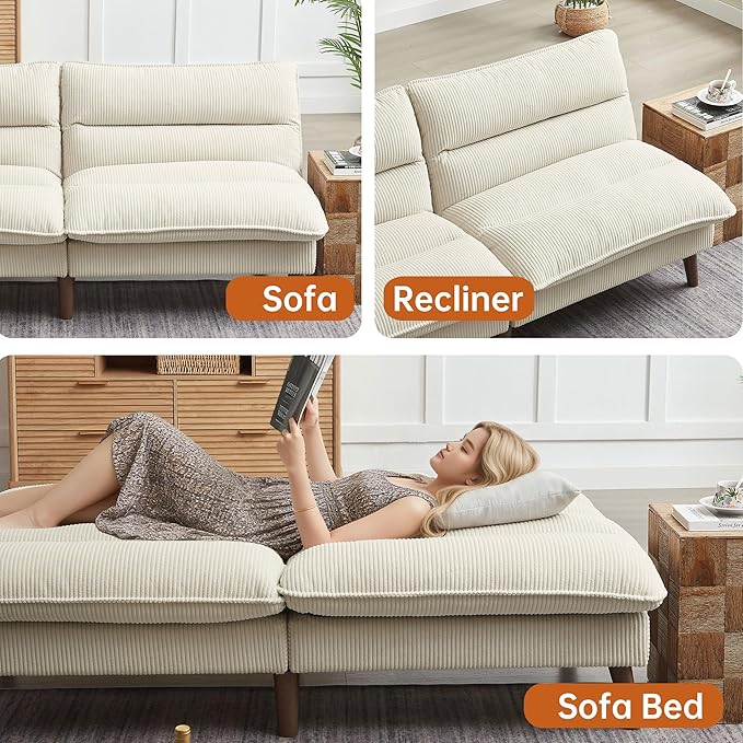 Convertible Sofa Bed 72″ Fabric Couch with Adjustable Backrest Loveseat Recliner Sleeper Living Room Furniture futon Set for Apartment Small Space Beige