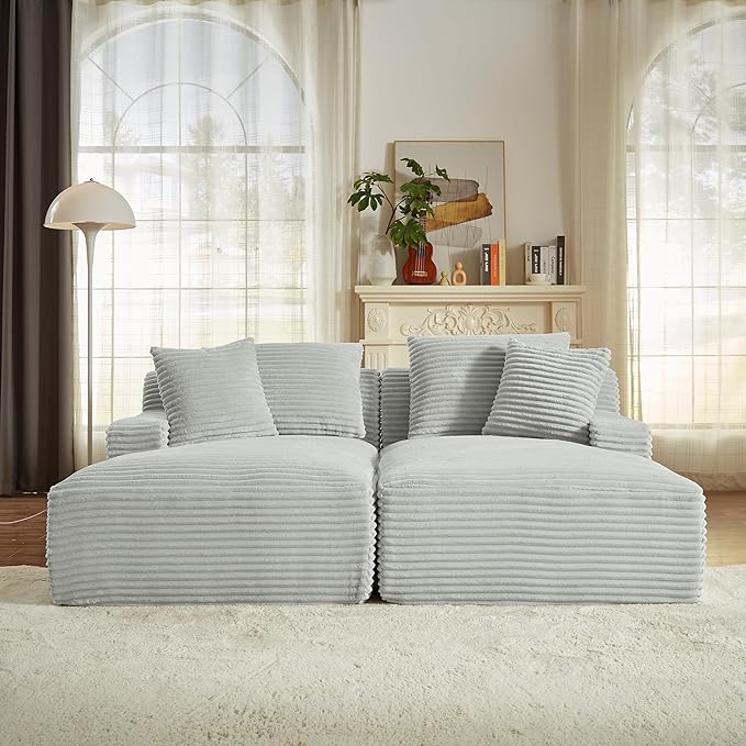 Oversized Double Chaise Lounge Chair Indoor Fluffy Upholstered Corduroy Sofa Bed with Throw Pillows Comfy Sleeper Deep Seat Sectional Loveseat Sofa Couch for Living Room (Light Gray)