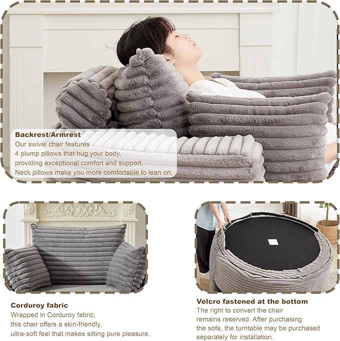 55 Grey Oversized Round Boneless Couch Sofa Corduroy Memory Foam Cloud Couches Lounge Chair Comfy Fluffy Single Sofa with 3 Pillows for Living Room Bedroom No Assembly Required (Grey)