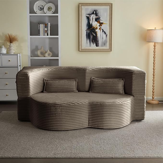 2 in 1 Folding Floor Couch Sofa Bed with 2 Pillows Convertible Sleeper Sofa Modern Full Mattress for Living Room Guestroom Plush Corduroy Floor Sofa BedNo Assembly RequiredCoffee