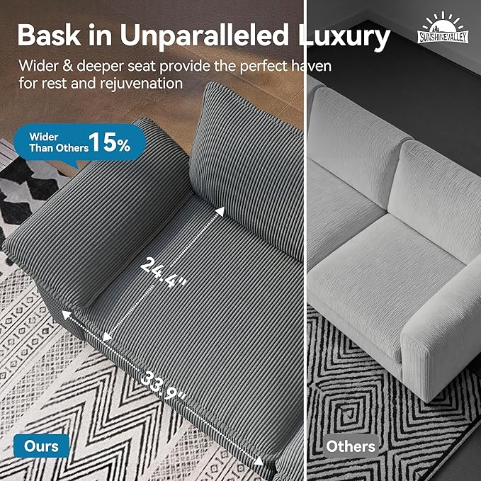 L Shaped Modular Cloud Couch 157.5'' Oversized Corduroy Sectional Sofa with Wider Armrest and Ottoman Upholstered 5-Seat Modern Deep Seat for Bedroom Living Room Grey