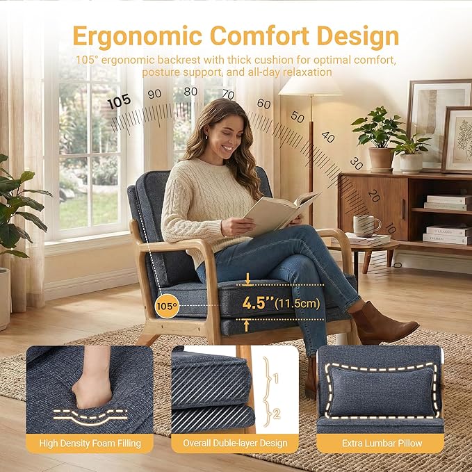 Modern Accent Chair Mid Century Wooden Upholstered Armchair with Lumbar Pillow &amp Removable Soft Cushion Reading Chair for Living Room Bedroom BalconyCoffee(Beige/Blue/Green/Grey)