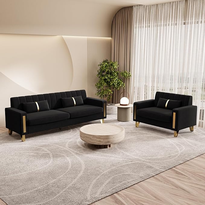 48.62 Modern Velvet Single Sofa Chair Upholstered Comfy Couch with Gold Metal Legs (Black-1 Seater)