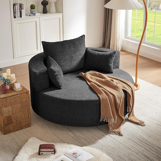 360° Swivel Chair Accent Barrel Chair Swivel Round Sofa Chair with 3 Removable Pillows for Living Room Bedroom Office and Hotel (Black@80)