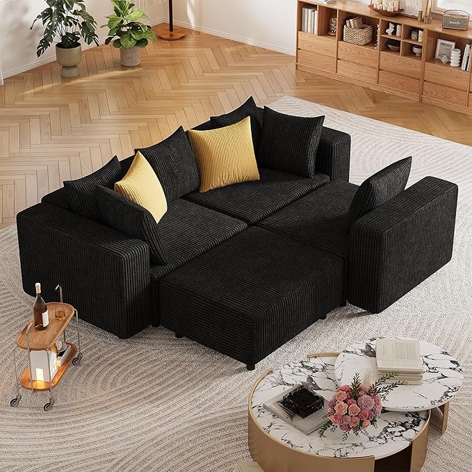 Modern Oversized Modular Sectional Sofa Boneless Cloud L Shaped Couch with Legs Corduroy Big Comfy Deep Seat Sofa for Living Room &amp Apartment（Black146″L Shaped Sofa）