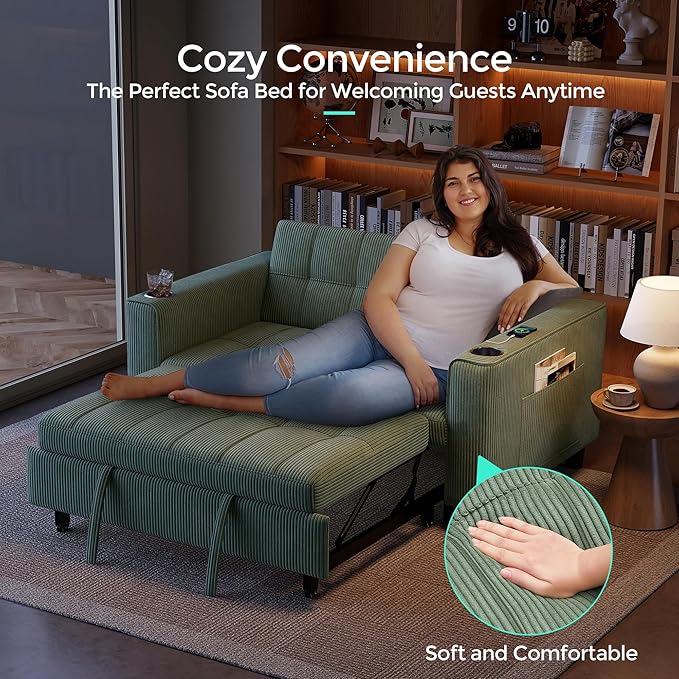 LINSY 3-in-1 Convertible Sofa Bed 54 Pull Out Sleeper Sofa with Charging Station &amp Cup Holder Small Corduroy Couch Folding Loveseat with Side Pocket for Small Space Green