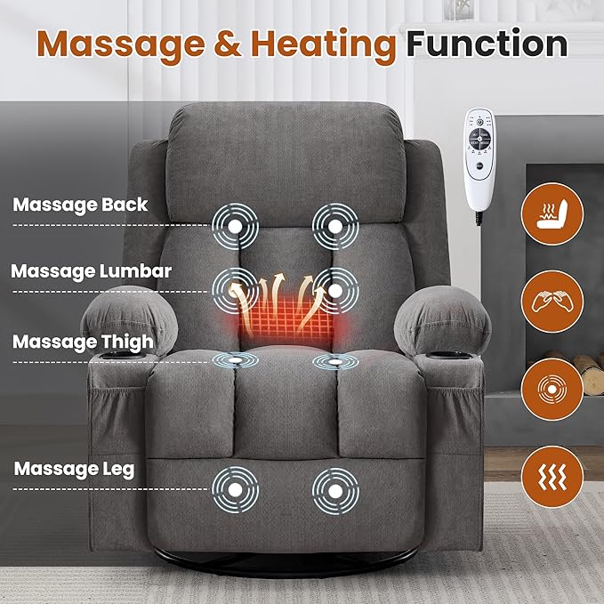 Massage Recliner Chair with Vibration Massage and Lumbar Heating for Living Room Swivel Rocker Recliners Single Sofa with Side Pocket &amp 2 Cup Holders Soft Comfort Ergonomic Design (Grey)