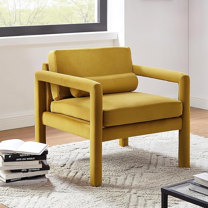 Art Leon Modern Accent Chair Velvet Upholstered Arm Chair with Pillow Single Sofa Chair for Living Room Bedroom Yellow